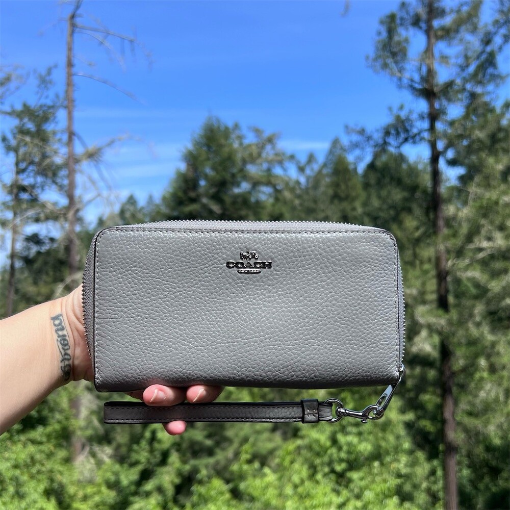 COACH Long Zip-Around Pebble Leather Wallet with Gray Blue with Silver Hardware